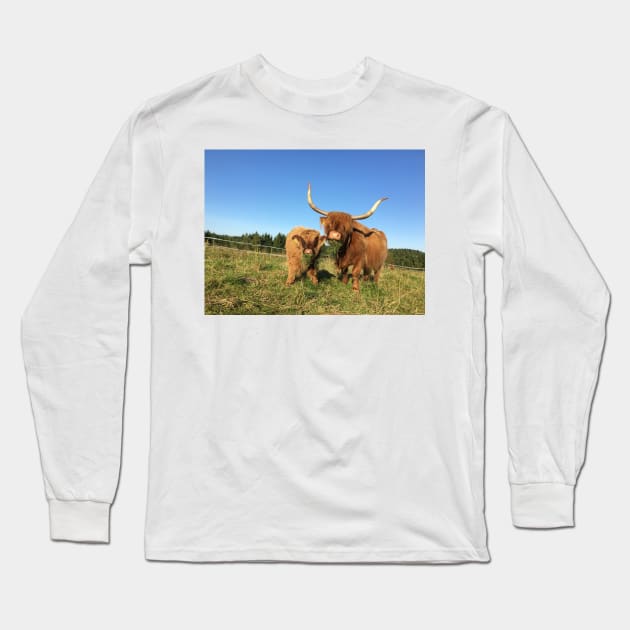 Scottish Highland Cattle Cow and Calf 1529 Long Sleeve T-Shirt by SaarelaHighland